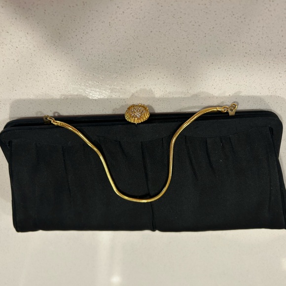 American Vintage Handbags - Vintage 1960s Small Black Satin Evening Bag Floral Rhinestone Top Chain Coin